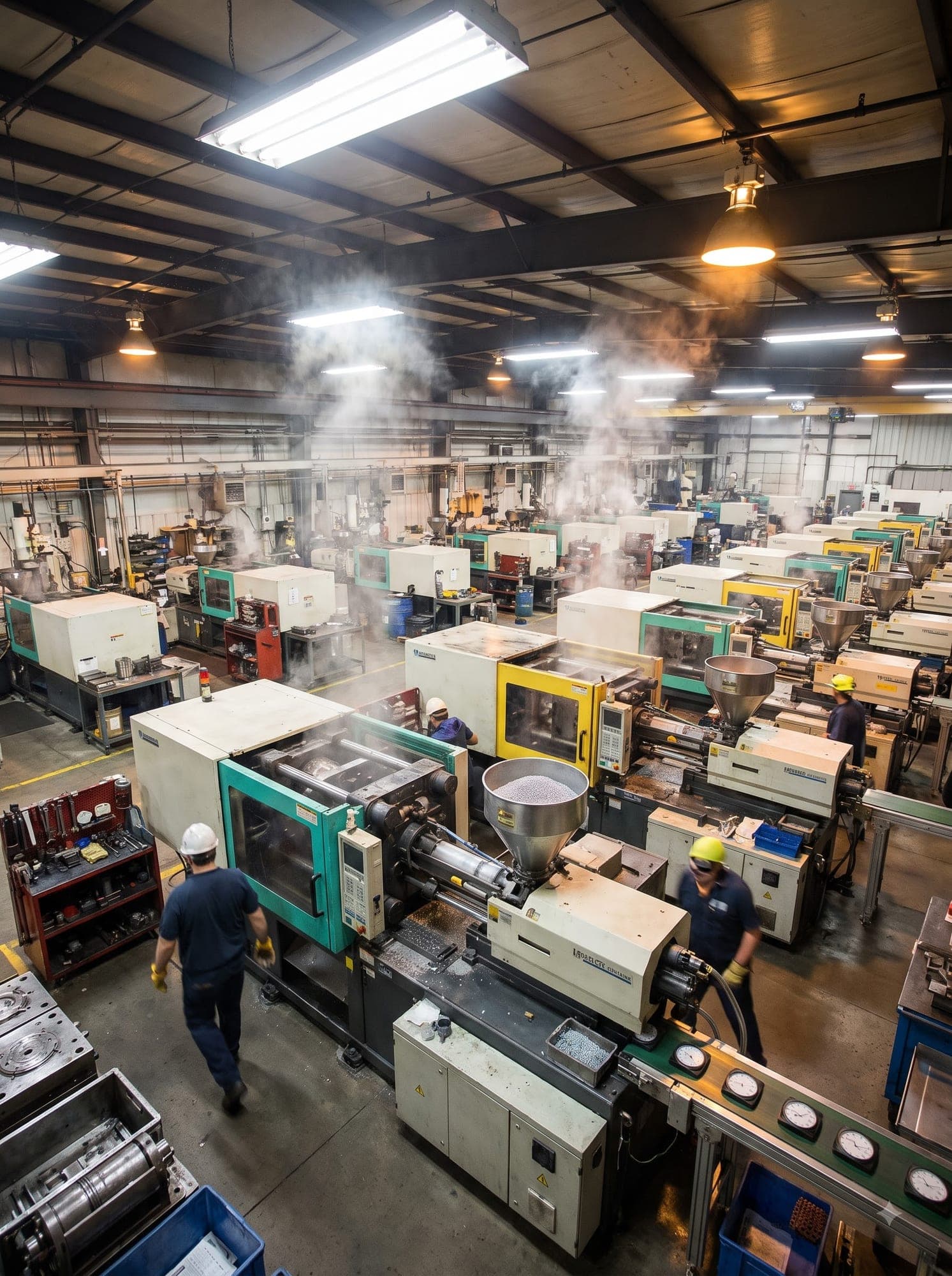 Case-molding hall — metal and wood-finish polymer bodies